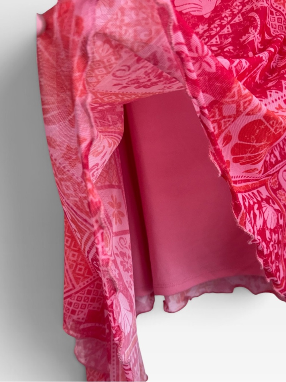 Drek Heart Pink Tropical Mesh Asymmetrical High Low Skirt XL Patchwork Lined - Picture 3 of 7